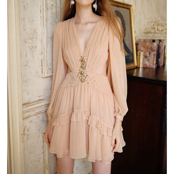 South Oil Flower Diamond Luo Waist Deep V Dress Gentle Flowing Short Dress 2024 New
